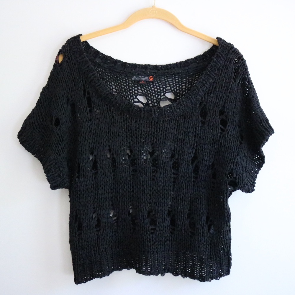 G by Guess Black Crochet Distressed Short Sleeve Shirt